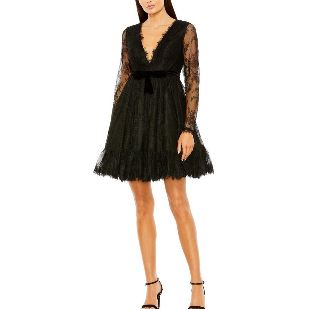 MAC DUGGAL $458 Black Long Sleeve Formal Floral Lace Babydoll Dress 49794 Prom